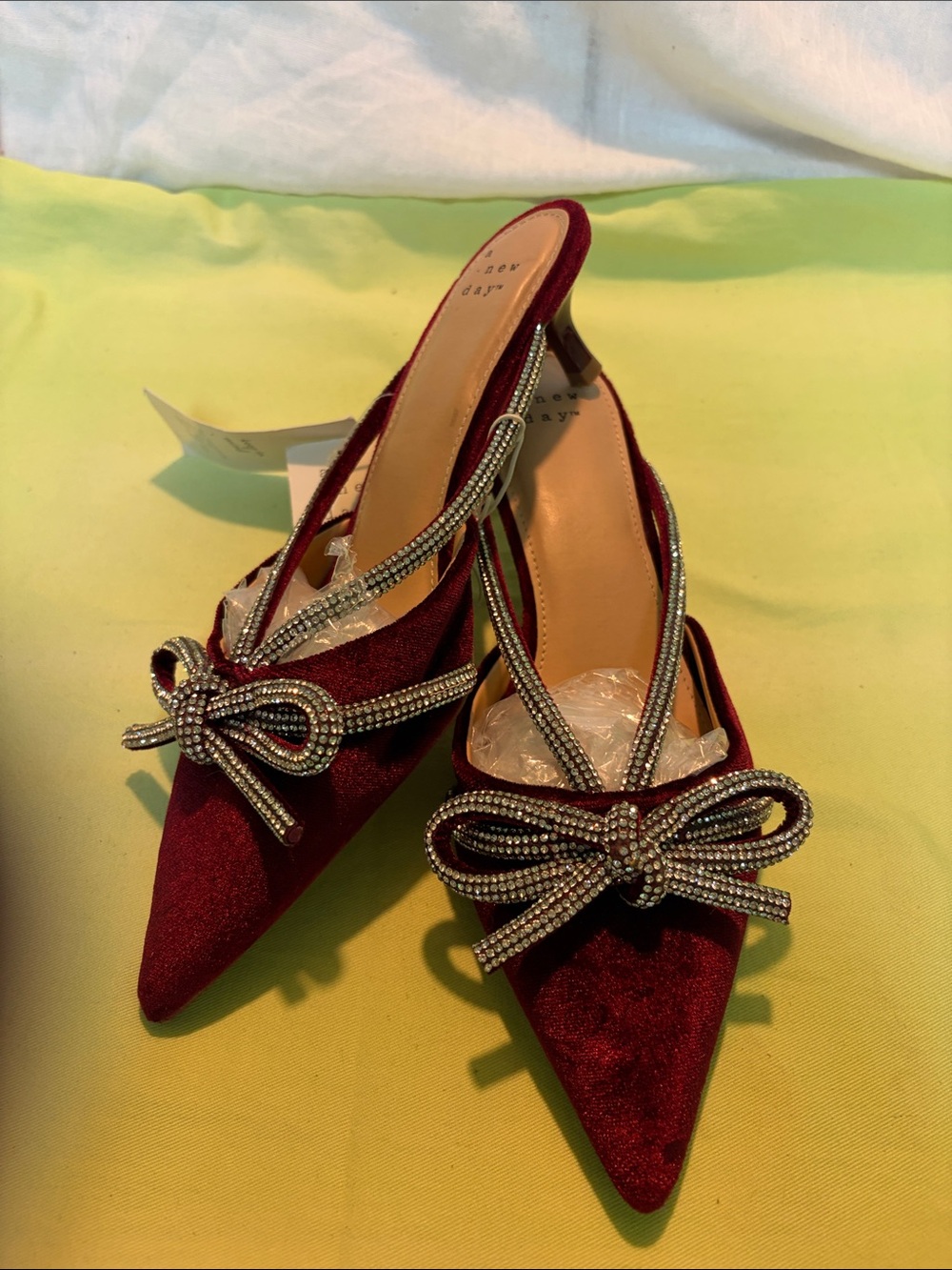 a new day Burgundy Velvet Slingback Mules with Crystal Bow